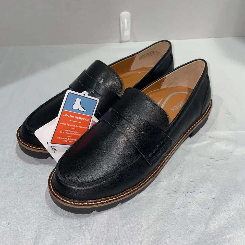 Aetrex Collette Black Leather Penny Loafers Arch Support Orthotic LL100W‎ Size 7